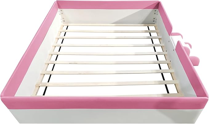 Queen Size Upholstered Daybed Frame with Fence and Stairs, Montessori Kids Floor Bed with Sturdy Slat Support for Kids Boys Girls