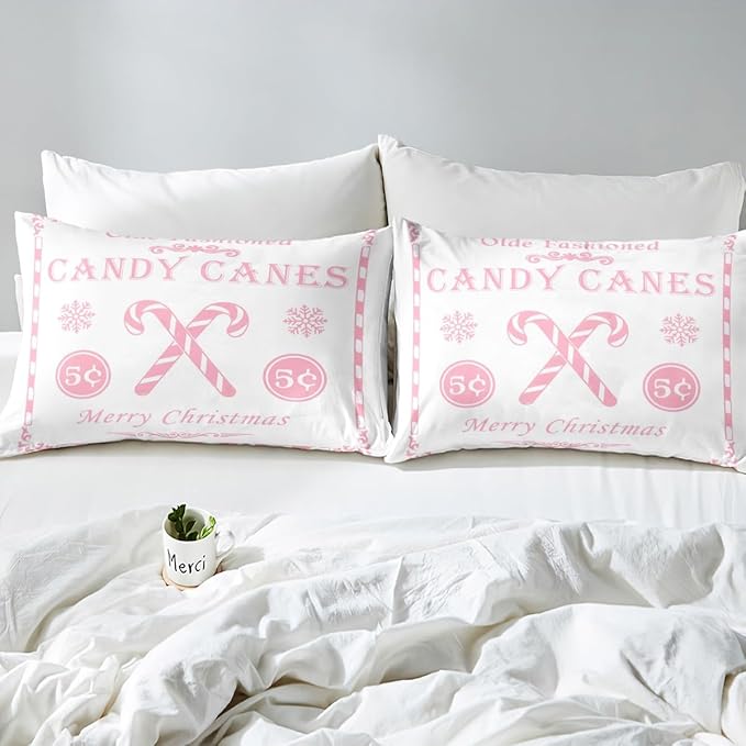 jejeloiu Christmas Bedding Set Full Size Kids Christmas Quote Comforter Cover Set for Boys Girls Teens Candy Canes Print Duvet Cover Xmas Bedspread Cover Room Decorations Pink Quilt Cover
