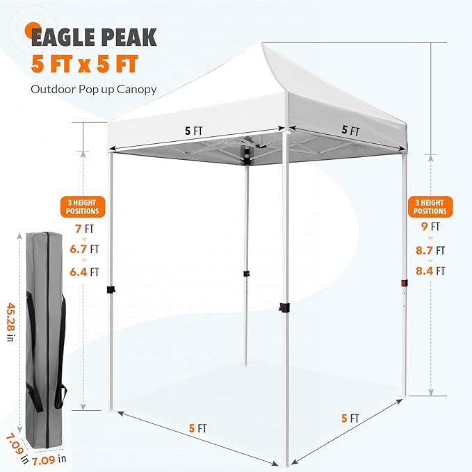 EAGLE PEAK 5x5 Pop Up Canopy Tent Instant Outdoor Canopy Easy Set-up Straight Leg Folding Shelter, White
