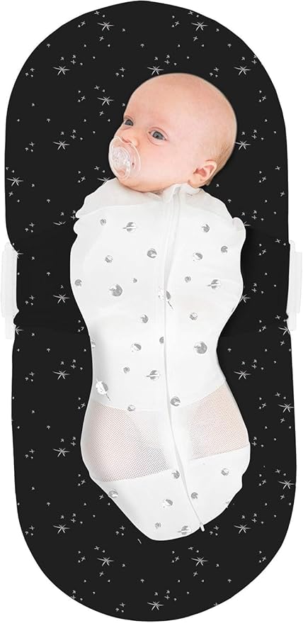 Happiest Baby SNOO Sleep Sack - 100% Organic Cotton Baby Swaddle Blanket - Doctor Designed Promotes Healthy Hip Development (Ivory Planets Black Wings, X-Large)