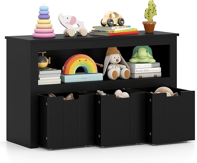 Costzon Toy Storage Cabinet, Toy Chest w/ 3 Removable Drawers, Wheels & Spacious Tabletop, Toddler Storage Organizer for Kids Room, Playroom & Nursery (Black, 13" D x 40" W x 24.5" H (3 Drawers))