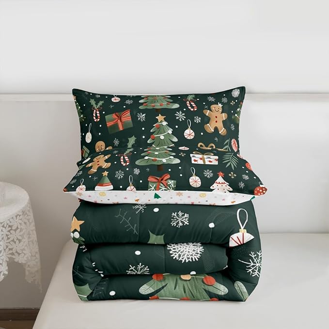 Feelyou Christmas Comforter Set Full Size Xmas Tree Bedding Set for Kids Boys Girls Gingerbread Man Duvet Quilt New Year Gift Bedroom Decor Microfiber 3 Pcs with 2 Pillow Cases