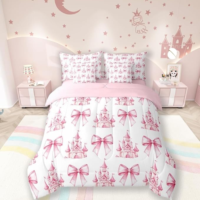 7 Pieces Pink Bowknot Kids Comforter Queen,Castle Tale Princess Toddler Bedding Set,Bow Tie Butterfly Knot Girlish Romantic Fashion（Comforter+Fitted+Flat Sheet+2 Pillowcases+2 Throw Pillow Covers）