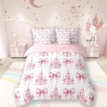 7 Pieces Pink Bowknot Kids Comforter Full,Castle Tale Princess Toddler Bedding Set,Bow Tie Butterfly Knot Girlish Romantic Fashion（Comforter+Fitted+Flat Sheet+2 Pillowcases+2 Throw Pillow Covers）