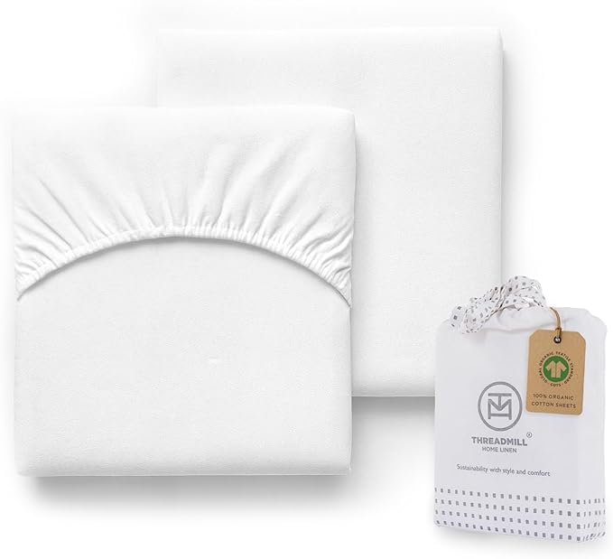 Threadmill Organic Baby Crib Sheets for Boys & Girls | 100% Organic Cotton Fitted Crib Sheet for Standard Crib Mattress | 2 Pack Unisex Cozy Toddler Sheets, Machine Washable | White