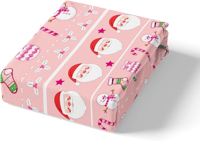 Feelyou Merry Christmas Decorative Pink Comforter Cover Toddler Size Xmas Cartoon Santa Claus Snowmen Duvet Cover Winter New Year Bedding Set Gifts for Kids Boys Girls 1 Pillow Case