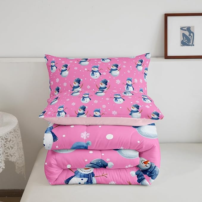 jejeloiu Kids Cute Winter Snowman Comforter Set Queen Size Pink Christmas Theme Bedding Set for Boys Girls Teens Xmas Snowflake Happy New Year Duvet Quilt Room Decor