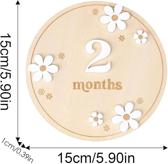 Wooden Baby Month Board - Round milestones Sign Set, Natural Grain Texture, laserr Engraved Letters, Eco Friendly Material | Adorable Monthly Wooden plaques for Baby Memory Nursery Decor