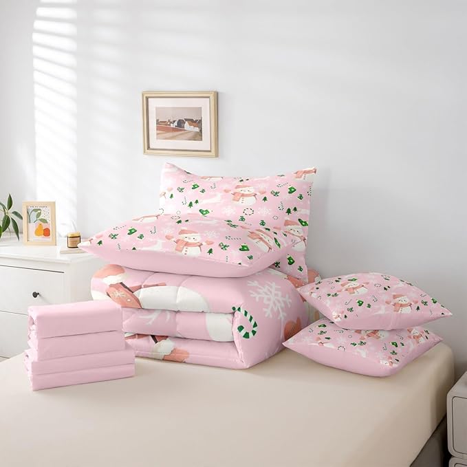 Feelyou Pink Christmas Comforter Set Queen Size 7 Pieces Cartoon Deer Snowman Bedding Set for Kids Boys Girls New Year Pink Bed in a Bag Reversible Xmas Decor Bedroom Quilted Breathable Soft