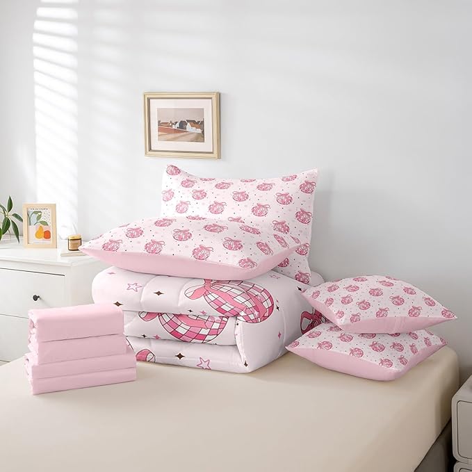 7 Pieces Bowknot Princess Kid Comforter Queen,Disco Crystal Ball Western Cowgirl Bedding Set,Star Bow Tie Sweet Romantic Pink Dreamy（Comforter+Fitted+Flat Sheet+2 Pillowcases+2 Throw Pillow Covers）