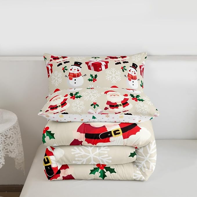 jejeloiu Merry Christmas Comforter Set Full Size Xmas Santa Claus Bedding Set for Kids Boys Girls Cute Snowman Duvet Quilt Beige Bedroom Decor