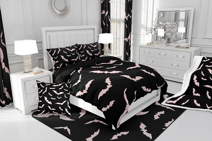 Erosebridal Bat Comforter Set Halloween Pink Bats Bedding Set with 2 Pillow Cases Silhouette Gothic Quilt Queen Size for Kids Boys Youth Gothic Spooky Bedding Comforter Sets,Black