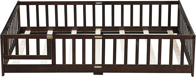 Full Montessori Floor Bed with Roof & Slats for Girls & Boys,Twin Size Floor Bed w/Safety Guardrails for Girls,Boys/Espresso