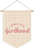Girl Nursery Decor, Long Live Girlhood Linen Canvas Banner, Pink Checkered Preppy Girly Wall Hanging Pennant Flag Banner for Girls Nursery Kids Toddler Room Bedroom Dorm Decor, 15x11in