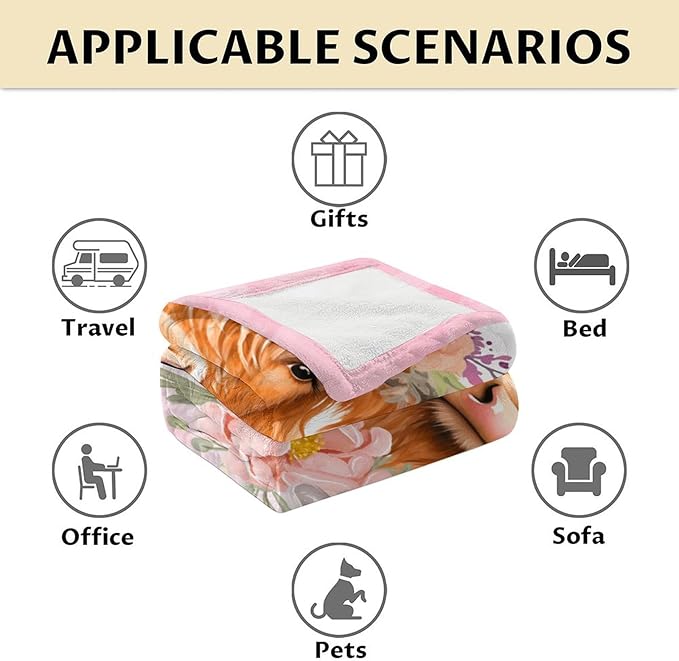 Highland Cow Blanket for Adults - 50" x 60" Inches Highland Cow Fuzzy Blanket for Teens - Pink Soft Lightweight Throw for Sofa, Bed & Travel