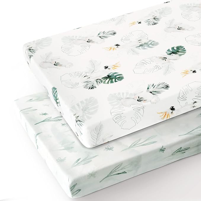 GRSSDER Stretch Ultra Soft Jersey Knit Fitted Pack n Play Playard Sheets Set 2 Pack，Fits Portable/Mini Cribs Sheets, Playards Mattress Pads, Stylish Watercolor Animals for Baby, Mint Green