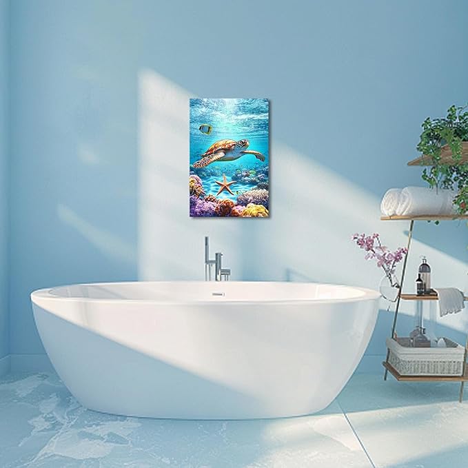 AWPANERAR Sea Turtle Wall Art Bathroom Pictures Watercolor Sea Life Canvas Prints Ocean Animal Poster Nautical Theme Artwork for Kids Room Nursery Decor Framed (Green, (36L x 24W))