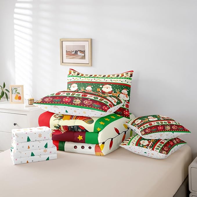 Feelyou Christmas Santa Claus Comforter Set with Sheets Cartoon Stockings Deer Bedding Set for Kids Boys Girls Teens Decor Christmas Snowflake Bed in a Bag Kawaii Bed Set 7Pcs King Size