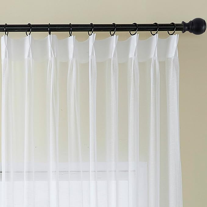 White Sheer Curtains 96 Inches Long 1 Panel, 50 Inch Width, Thin Textured Linen Look Sliding Glass Door Curtain, Rustic Elegant Window Treatments, Pinch Pleated Drapes for Living Room