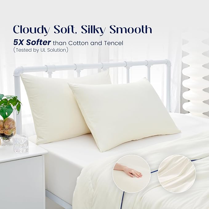 Dream Valley® Twin Sheets Set, Cooling Fitted Sheet with 1 Pillowcase-2 PCS with No Flat Sheet,Q-Max > 0.4 Aerocool, Cooling for Night Sweats, Hot Sleepers,deep Pocket up to 15",Ivory