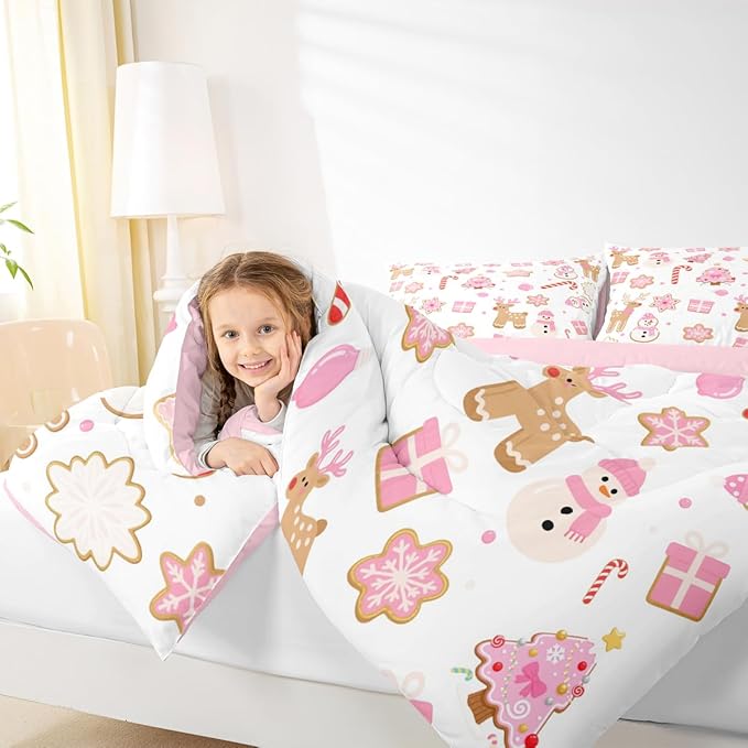 Feelyou Pink Christmas Comforter Set Full Size Snowman Deer Bedding Set for Kids Boys Girls Snowflake Duvet Quilt Bedroom Decor Microfiber 3 Pcs with 2 Pillow Cases