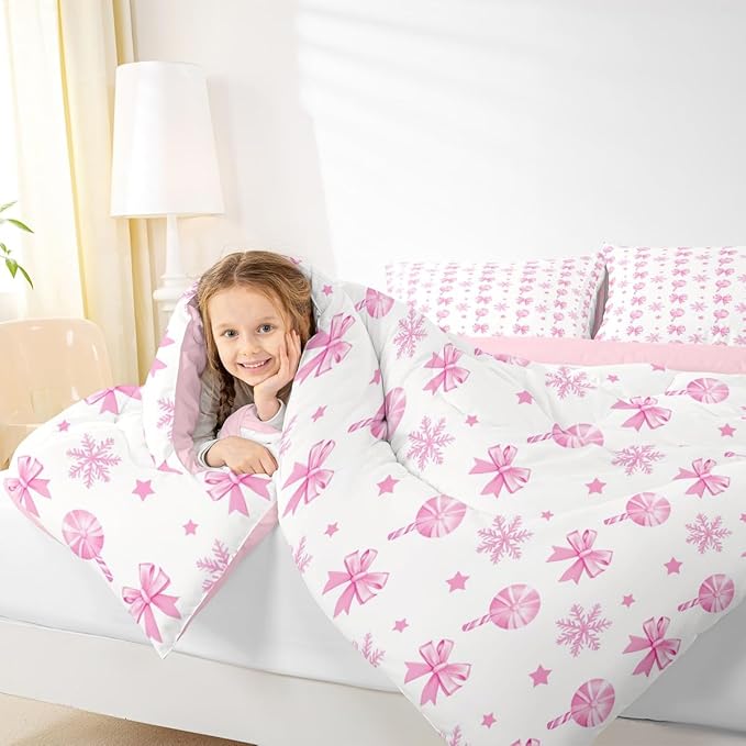 Feelyou Pink Christmas Bedding Set Soft for Boys Girls, Bow Candy Comforter Set Toddler Size Star Snowflake Duvet Quilt Microfiber Bedroom Decor 2 Pcs with 1 Pillow Cases