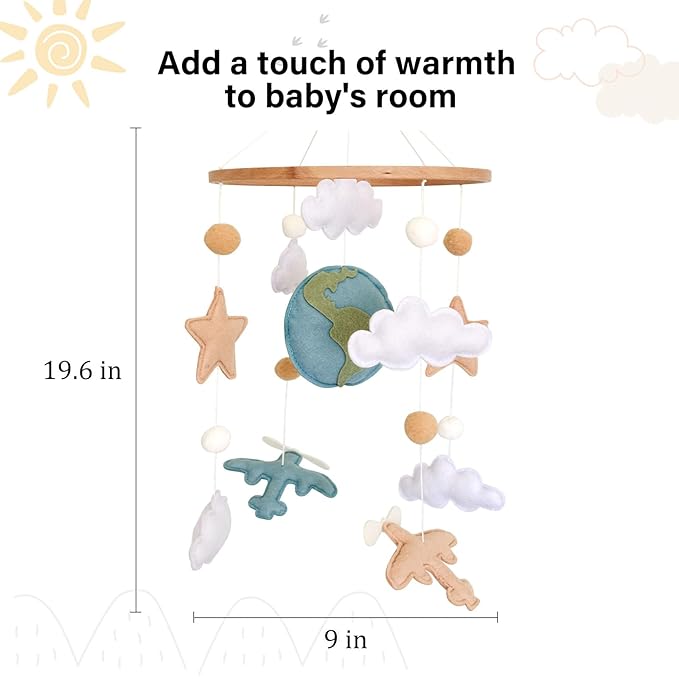 Airplane Baby Crib Mobile, Plane Mobile for Crib, Travel Nursery Decor for Boys, Neutral Vintage Baby Shower Gift, with Clouds, Stars & Globe