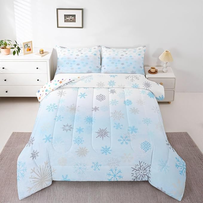 Feelyou Glitter Snowflake Comforter Set Twin Size, Blue Snowflake Comforter Kids Toddler Ombre Bedding Set Winter Theme Duvet Set Microfiber Bed Set