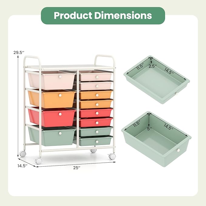 RELAX4LIFE 12-Drawer Rolling Storage Cart - Mobile Utility Drawer Carts with Wheels, Craft Organizers Cart for Classroom Organization and Storage, Home, School, Office