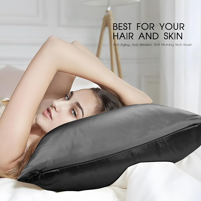 100% Mulberry Silk Pillowcase with Hidden Zipper,Both Sides Pure Silk Breathable Pillow Case for Hair and Skin,19 Momme Grade 6A,1pc,Charcoal,Queen Size 20x30 Inches