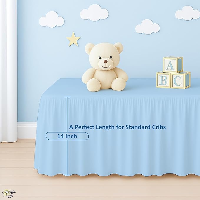 Cottington Lane Light Blue Crib Skirt Dust Ruffle, 100% Natural Cotton, Soft, Durable Nursery Crib Toddler Bedding Skirt for Baby Girls or Boys, Fits Standard Cribs 28" x 52" with 14" Drop
