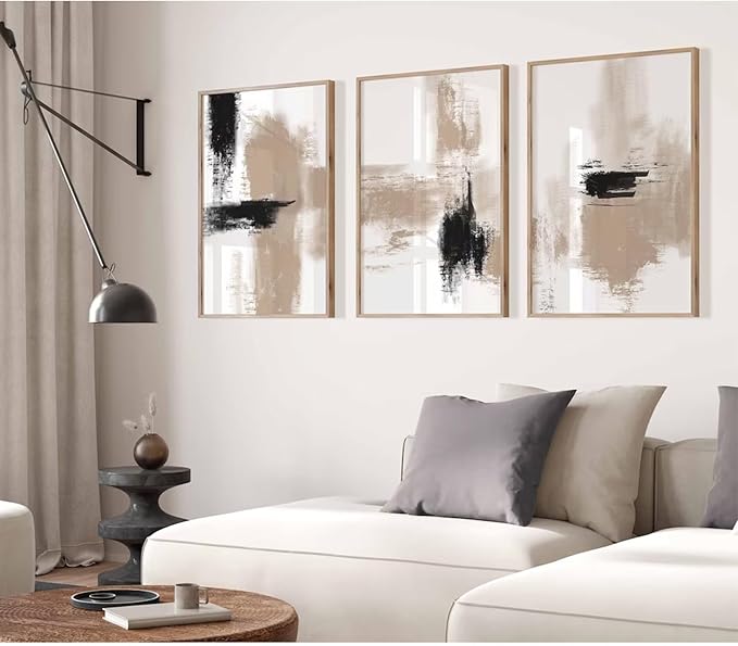 Joocrise Beige Abstract Wall Art Painting Set of 3 Neutral Canvas Wall Art Prints Black Beige Modern Wall Decor Minimalist Art Pictures Abstract Modern Artwork for Room Bedroom 16x24 Inch Unframed
