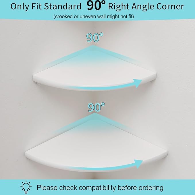Corner Shelf, White Floating Corner Shelf, Set of 2 7inch Solid Oak Wood Corner Wall Shelves, Round End Wall Mount Display Shelf with Wire Hole for Small Plant for Bedroom Kitchen, Living Room