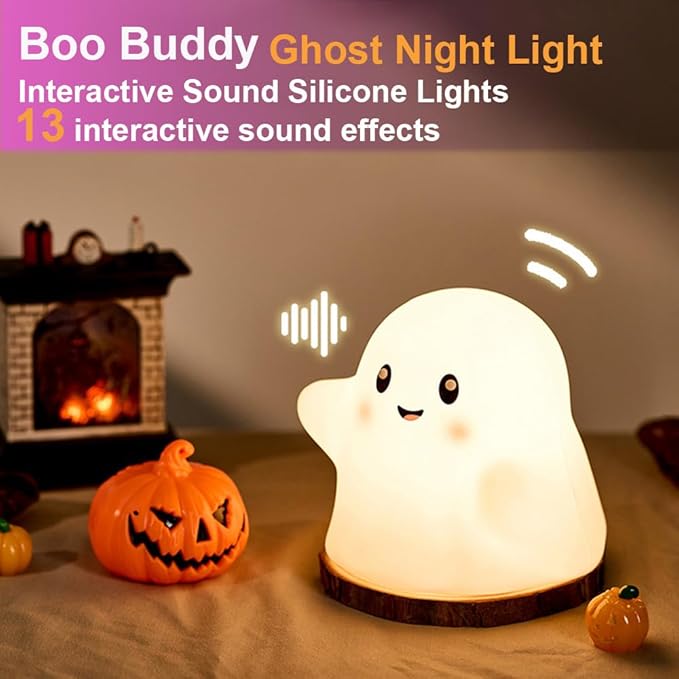Ghost Night Light for Kids,Halloween Night Light with 13 Interactive Sound Effects ,Cute Silicone Light with 3 Levels of Brightness,Suitable for Indoor Halloween Decorations and Family (white ghost)