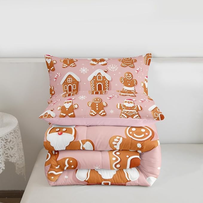 Feelyou Christmas Comforter Set All Season Gingerbread Man Bedding Set with 2 Pillow Cases Santa Microfiber Kids Full Bedclothes Snowflake Bedroom Decor Duvet Quilt Breathable Soft Lightweight