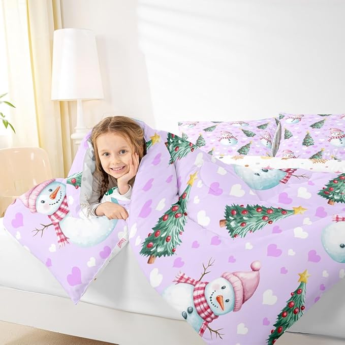 Feelyou Merry Christmas Bedding Set Soft for Boys Girls, Cute Snowman Comforter Set Full Size Christmas Tree Duvet Quilt Microfiber Love Hearts 3 Pcs with 2 Pillow Cases