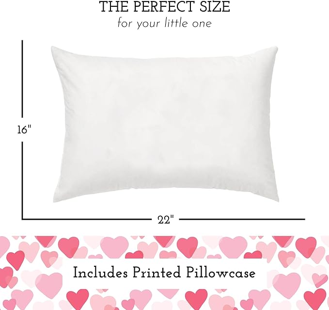 Little Sleepy Head Youth Pillow with Pillowcase 16x22, Soft Jumbo Toddler Pillows, Hypoallergenic Pillow Case - Best Kids Pillows for Sleeping, Perfect Kids Travel Pillows (Heart Pink)
