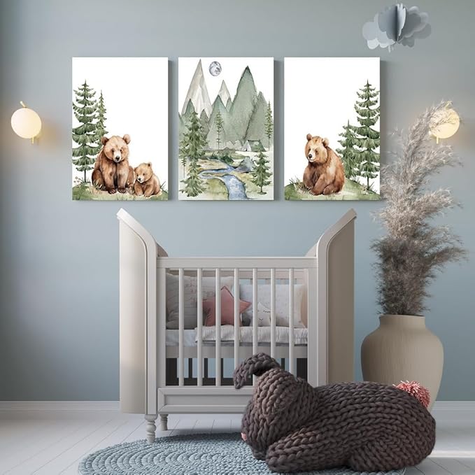 Baby Bear Nursery Wall Art, Cute Bears Wall Decor, Watercolor Green Mountain Forest Wall Art, Woodland Camping Nursery Decor Print, Nature Art for Boy Girl Toddler Bedroom, Framed Canvas, 12"x16"x3