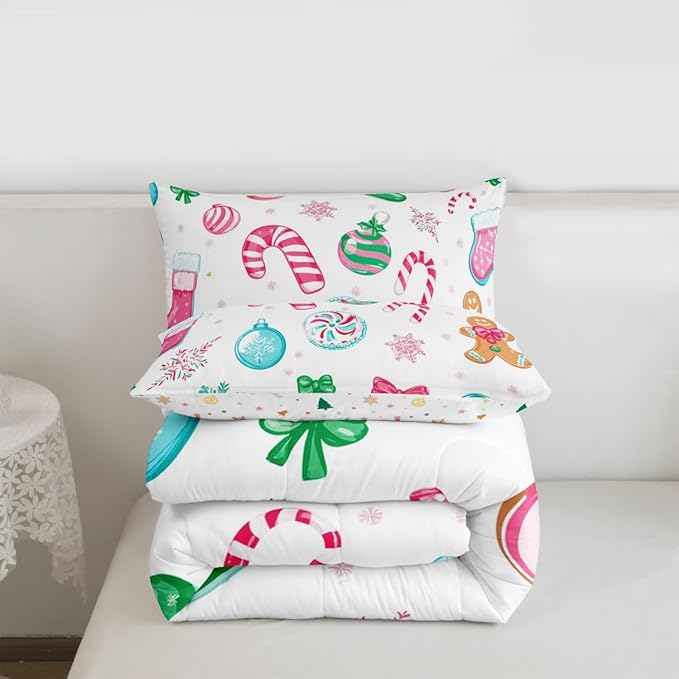 Feelyou Candy Cane Comforter Set Twin Size Christmas Ornament Bedding Set for Kids Boys Girls Snowflake Duvet Quilt Festive Bow Bedroom Decor Christmas Stocking Microfiber 2 Pcs with 1 Pillow Cases