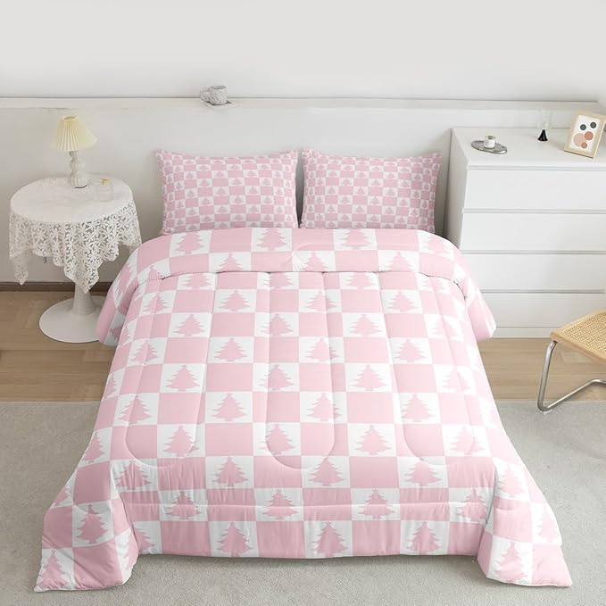 Feelyou Christmas Bedding Set Soft for Boys Girls, Checkered Comforter Set Twin Size Christmas Tree Duvet Quilt Microfiber Xmas Decorations Bedroom Decor Pink 2 Pcs with 1 Pillow Cases
