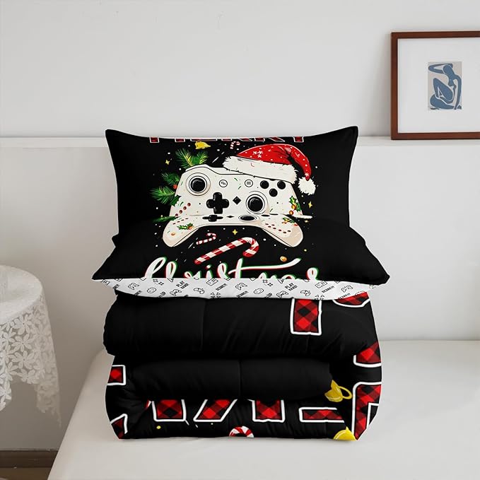 Gamepad Xmas Theme Comforter Set Twin Size,Santa Claus Video Games Bedding Set for Kids Boys Girls Room Decor,Merry Christmas Quilt Set 2Pcs,Gaming Controller Black Duvet Insert,1 Pillowcase