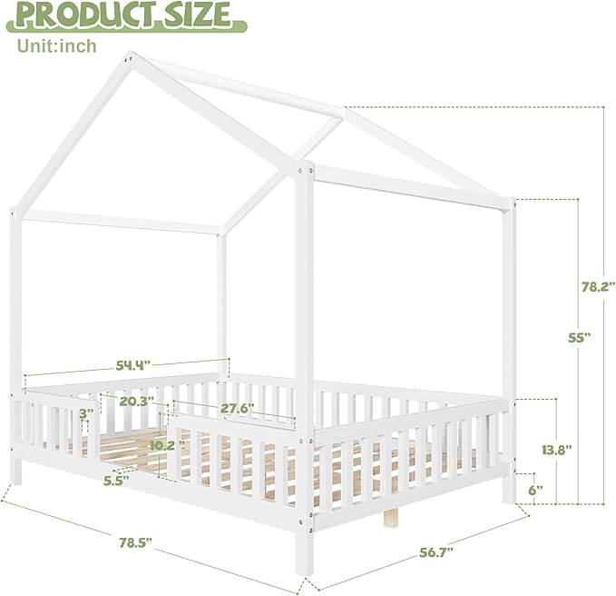 Bellemave Full House BedFrame with Canopy, Montessori Floor Bed, House Bed with Rails for Kids, White