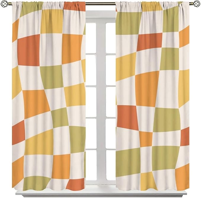 Orange Checkered Curtains,70s Vintage Twisted Checkered Window Drapes Colorful Groovy Trendy Wavy Hippie Grid Print Window Treatments for Kids Girls Bedroom Living Room Bathroom 84"W X 84"L