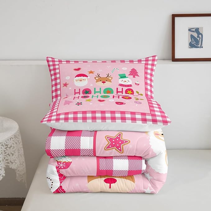 Merry Christmas Kids Comforter Set Full Size,Cartoon Santa Claus Snowman Deer Bedding Set,Boys Girls Adults Room Decor,Geometric Grids Fashion Down Comforter,Pink Xmas Duvet Insert,2 Pillowcases