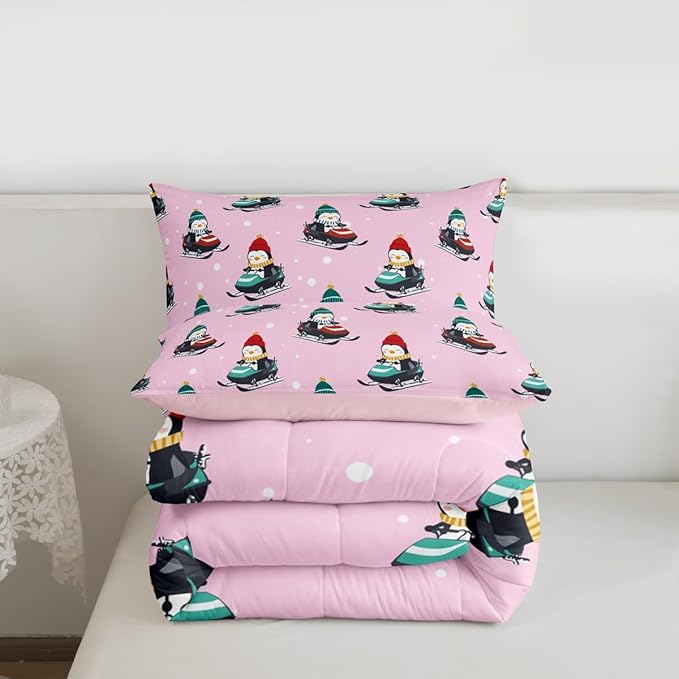 Feelyou Christmas Kids Comforter Set Twin Size Pink Penguin Bedding Set Cartoon Penguin Skiing Duvet Quilt for Kids Boys Girls Bedroom Snowflake Decor Microfiber Ultra Soft Breathable