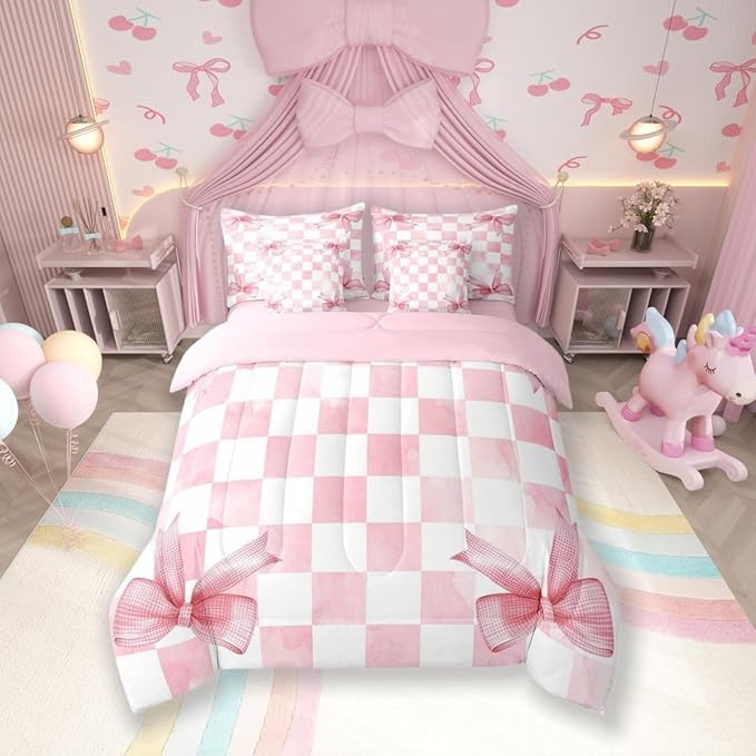 7 Pieces Pink Bowknot Kids Comforter Queen,Geometric Grid Checkered Patchwork Fashion Bedding Set,Bow Tie Knot Princess Chic Unique（Comforter+Fitted+Flat Sheet+2 Pillowcases+2 Throw Pillow Covers）