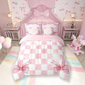 7 Pieces Pink Bowknot Kids Comforter Twin,Geometric Grid Checkered Patchwork Fashion Bedding Set,Bow Tie Knot Princess Chic Unique（Comforter+Fitted+Flat Sheet+2 Pillowcases+2 Throw Pillow Covers）