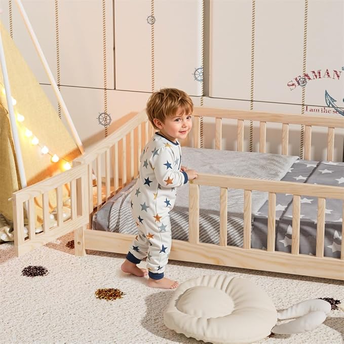 i-POOK Twin Floor Bed for Children, Sturdy Wood Montessori Bed Frame with Wood Slats, Fence & Door, Montessori Floor Bed for Girls and Boys, Natural