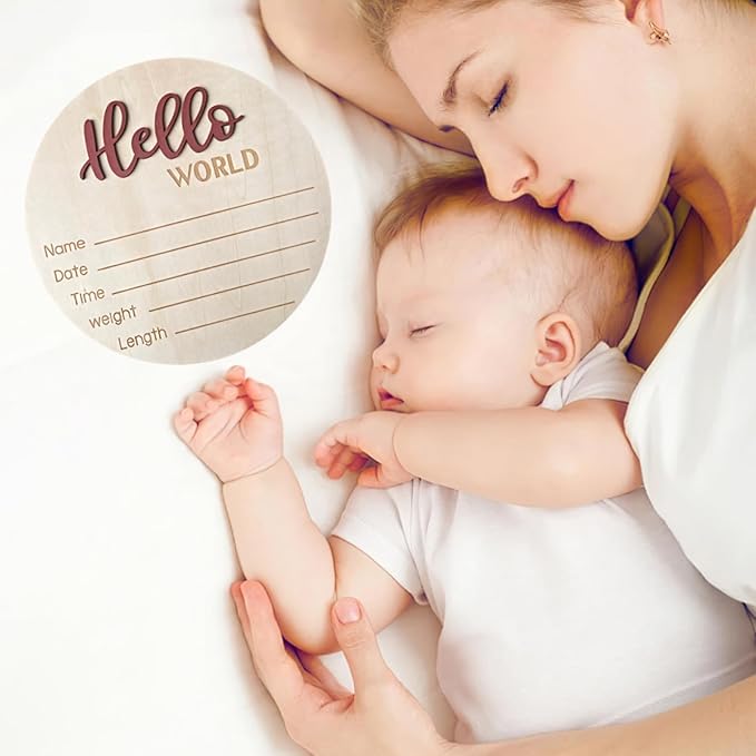 Baby Announcement Sign, 5.9 Inch Wooden Hello World Newborn Signs, Birth Announcement Sign, Baby Shower Hospital Nursery for Newborn Boys and Girls (Tea Red,Pen)
