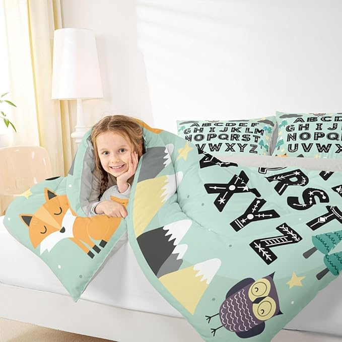 Feelyou Alphabet Kids ABC Learning Comforter Set All Season Cute Fox Bedding Set with 1 Pillow Cases Educational Nursery Art Microfiber Kids Twin Bedclothes Woodland Animals Bedroom Decor Duvet Quilt